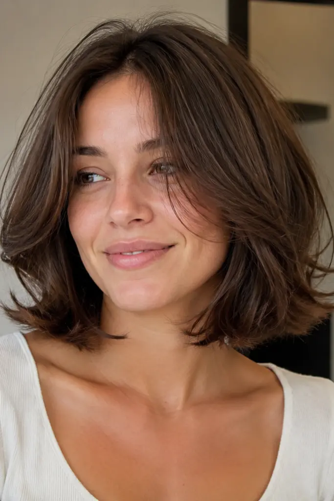 Real everyday woman with a soft feathered layered bob hairstyle featuring airy flipped ends and natural crown volume.