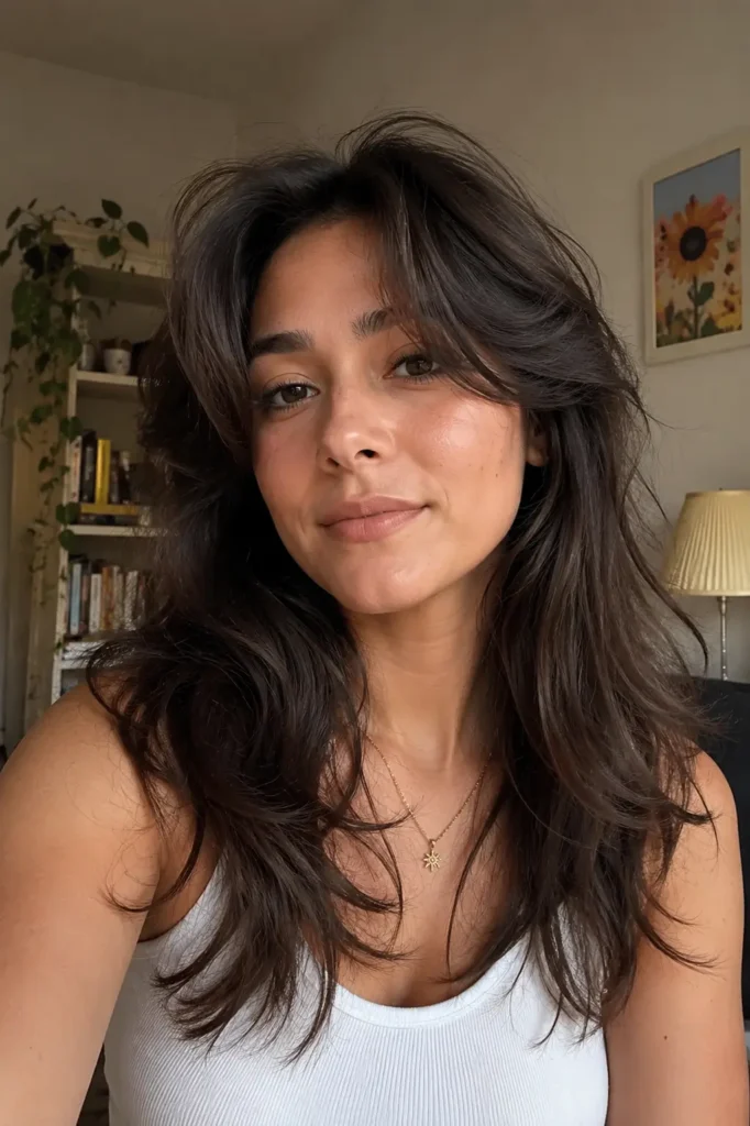 Woman with soft feathered layered hair and airy face-framing layers, showcasing natural movement and volume in a cozy indoor setting