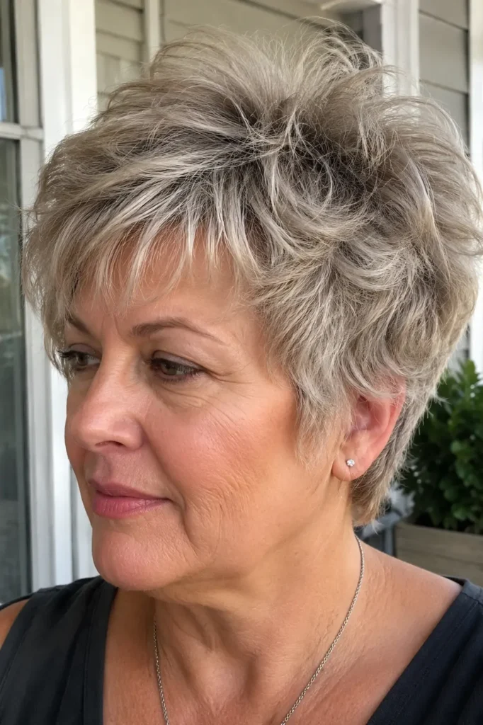 a 50–60-year-old woman with a soft feathered pixie haircut featuring airy, voluminous layers and natural movement