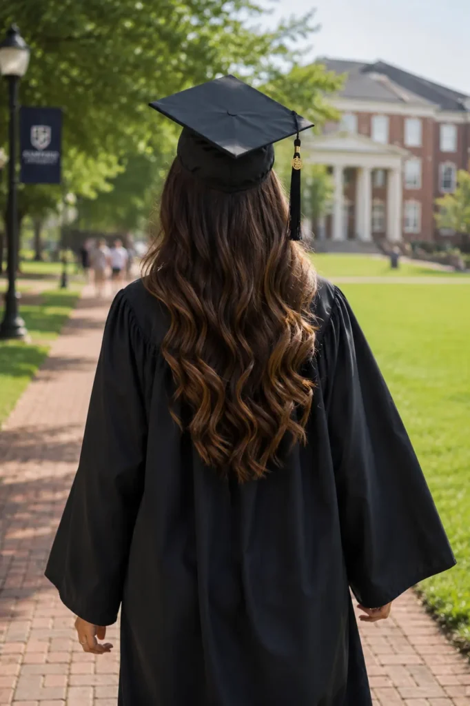 Soft Hollywood waves graduation hairstyle from the back view on a real young woman wearing a graduation gown and cap, showing flowing textured waves with natural movement and volume on a sunlit university campus