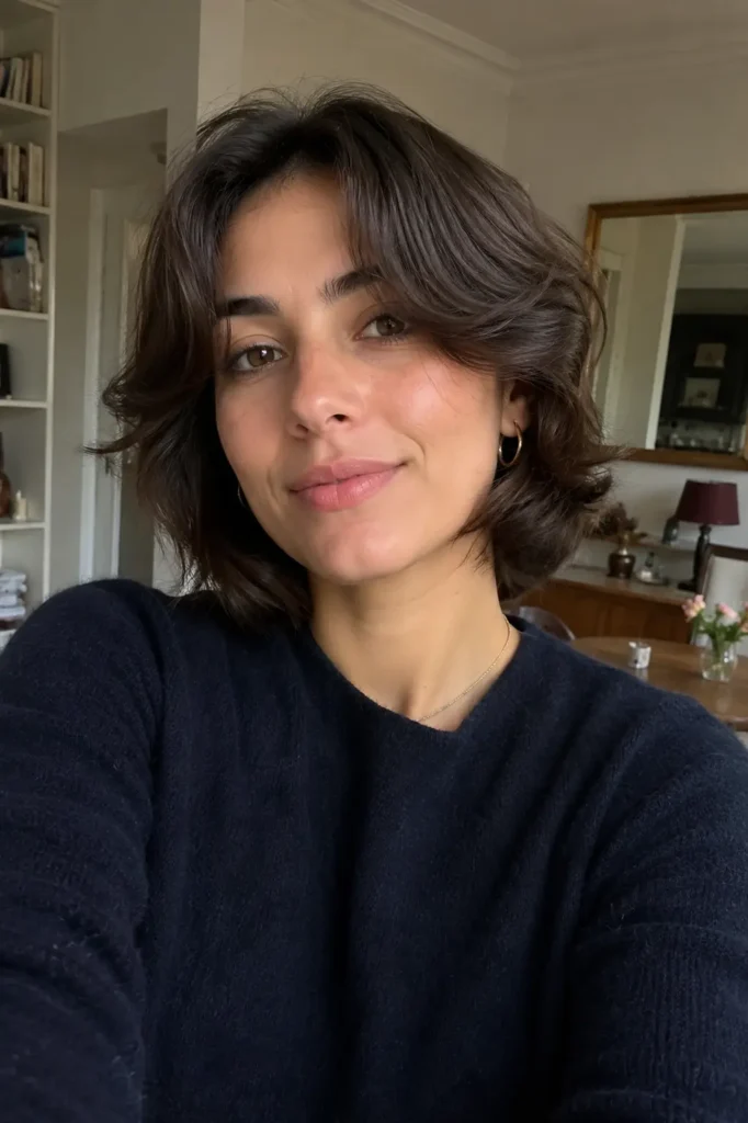  girl with a soft Italian bob haircut featuring natural volume and subtle layers, posing indoors in soft daylight with a relaxed expression and realistic hair texture.
