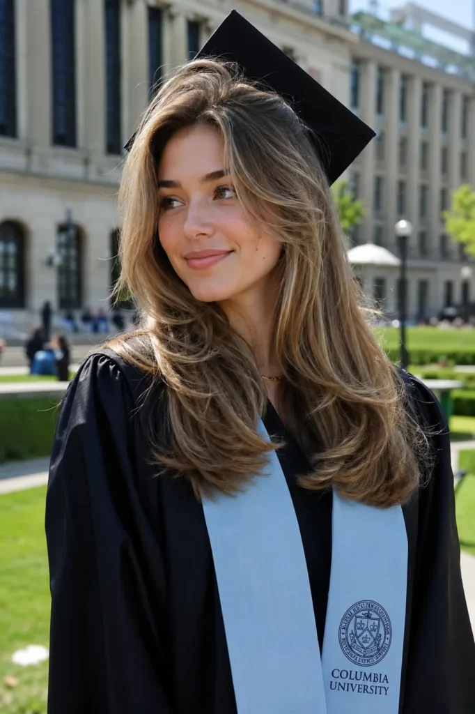 woman around 22–25 with a soft layered blowout graduation hairstyle featuring voluminous layers and movement, wearing a graduation cap pushed slightly back to reveal the hairstyle. She has natural skin texture