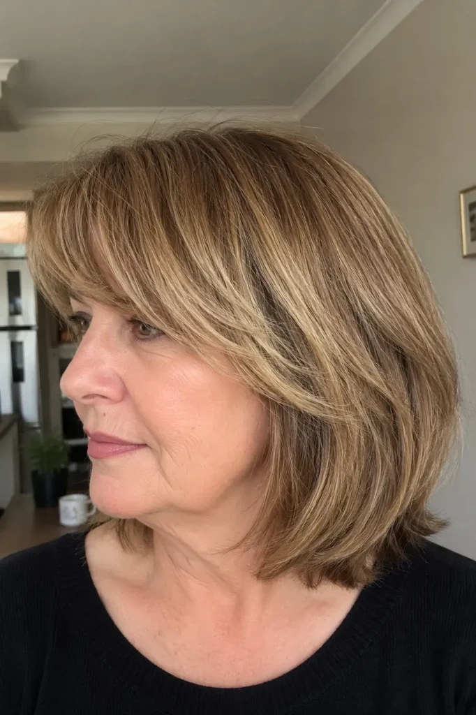 a woman around 50–60 years old with a soft layered bob haircut and side-swept bangs, natural facial features and skin texture