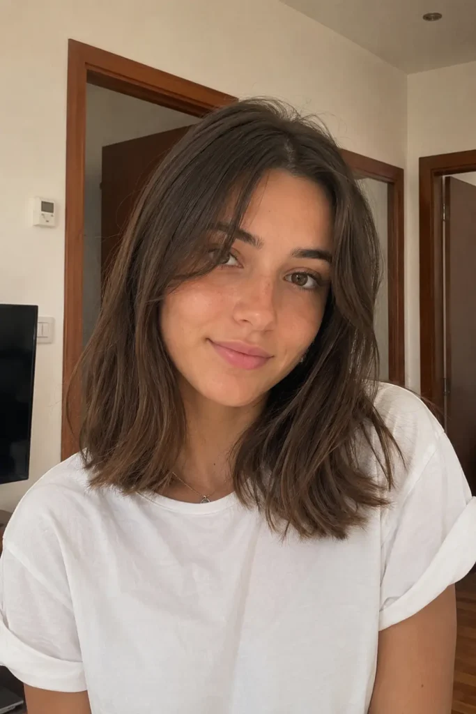 Soft layered medium-length lob hairstyle on a real young woman with natural brown hair, subtle face-framing layers, wearing a simple white t-shirt indoors 