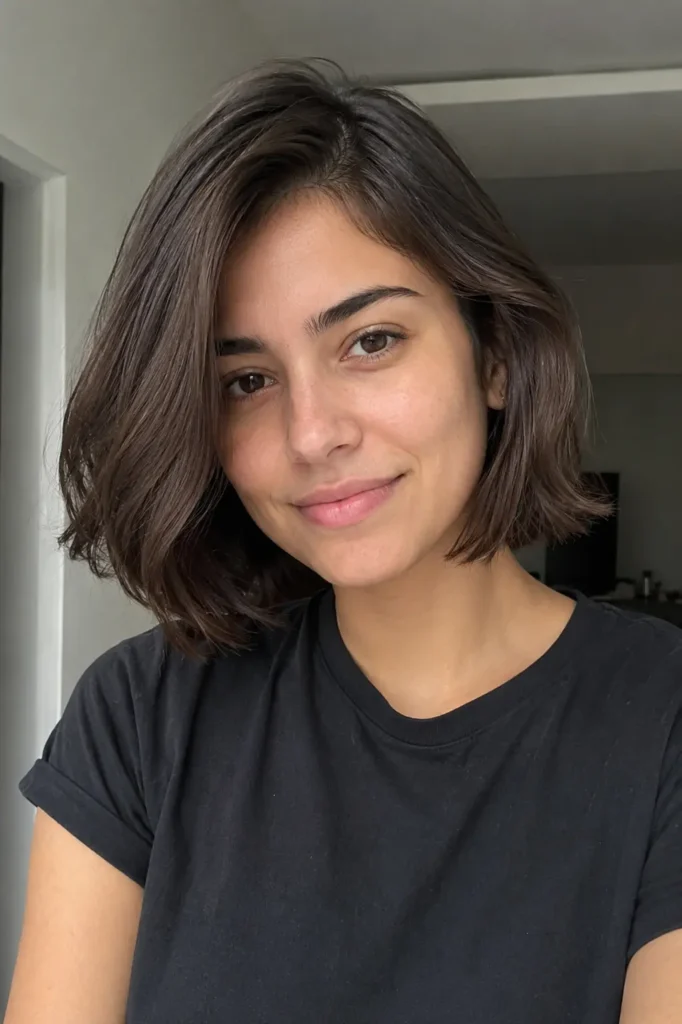 girl with thick dark brown hair styled in a soft balanced bob haircut with gentle natural movement, wearing a black t-shirt