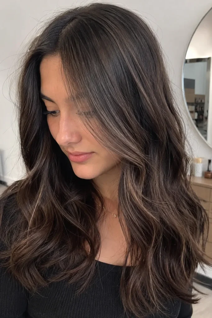 a woman with dark cocoa hair enhanced by pearl ash babylights, styled in soft natural waves.