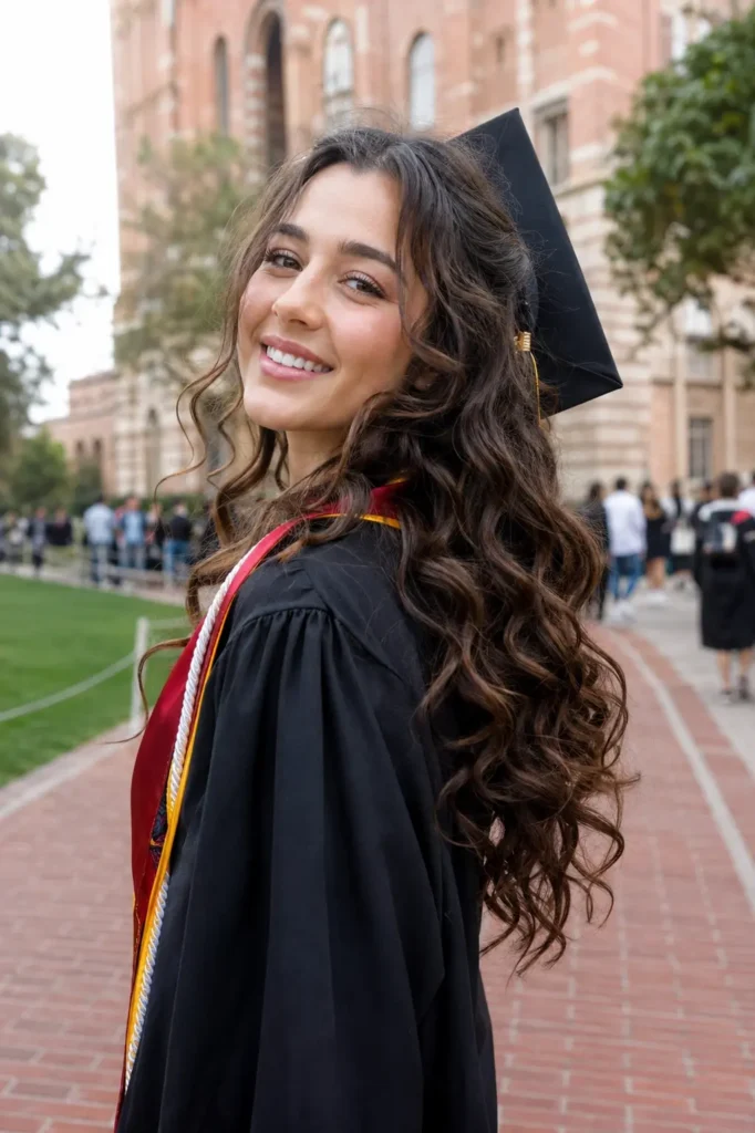 Soft romantic curls graduation hairstyle on a real young woman wearing a graduation gown and cap pushed slightly back, photographed on a university campus in soft daylight with a genuine smile. Natural skin texture and authentic facial features are visible