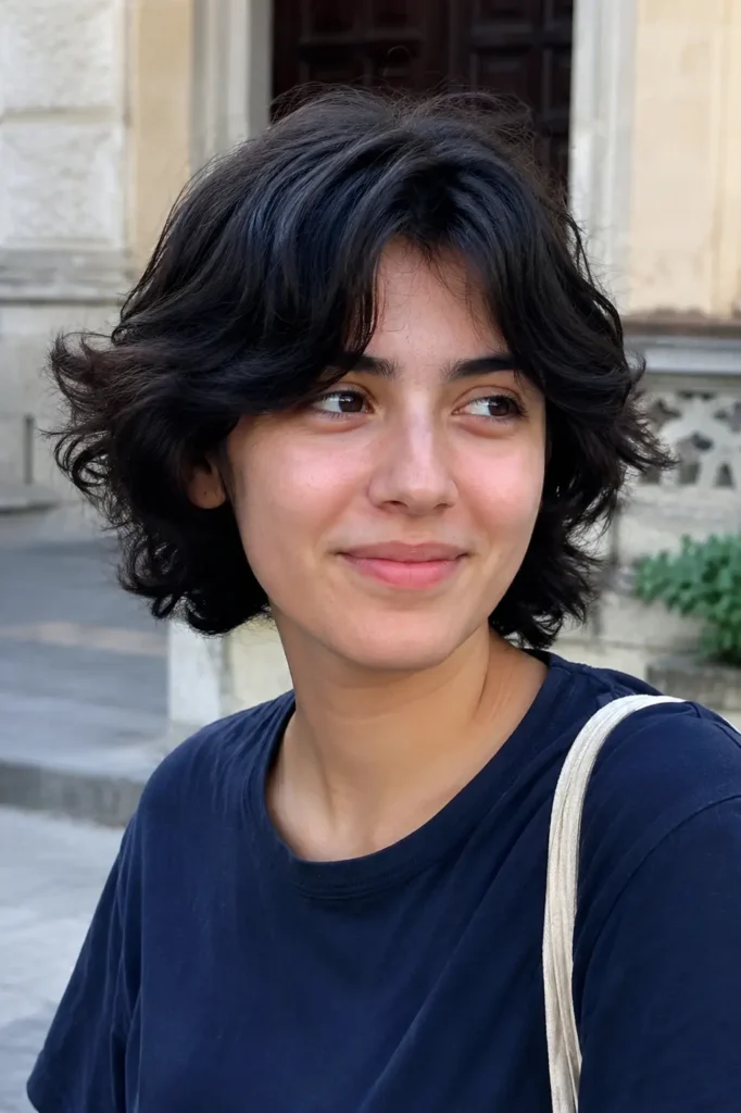a young woman with short, thick, wavy dark hair and a natural texture. She is wearing a dark navy T-shirt with a light shoulder strap visible