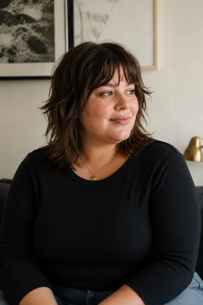 Plus-size woman with a medium shag haircut featuring textured layers, soft fringe, and slightly tousled waves, wearing a modest black long-sleeve top