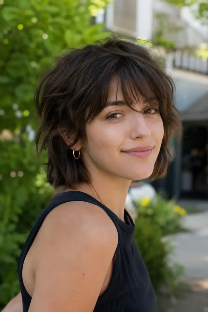 a young woman with a soft shaggy bob haircut and light textured layers. She wears a sleeveless black top and small hoop earrings