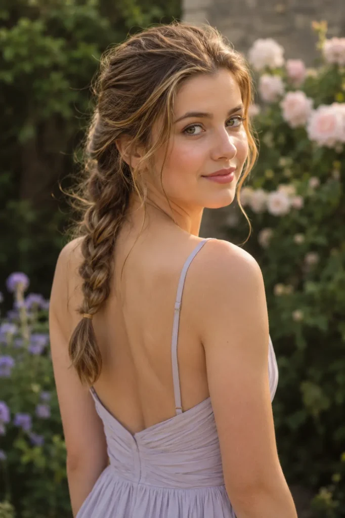 A real white British girl with a soft side braid standing in a floral garden outdoors, shown from the back while looking over her shoulder.