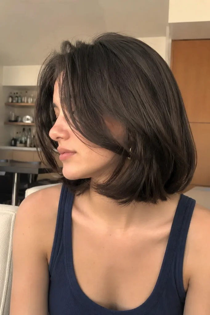 a young woman with a voluminous bob haircut featuring soft flipped ends. Her dark brown hair has natural movement and subtle shine, gently curving outward at chin length