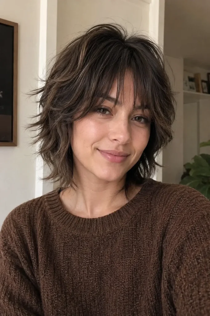a real young woman indoors with a soft wolf pixie hybrid haircut featuring choppy feathered layers, dimensional brunette balayage, tousled texture, and natural volume. She wears a cozy brown knit sweater in warm indoor lighting