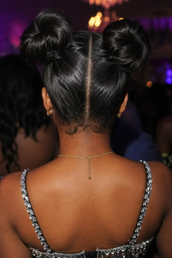 Side view close-up of a Black teenage girl at prom with sleek, neatly parted hair styled into two glossy space buns, smooth edges, and subtle baby hairs, wearing a sparkly dress and jewelry