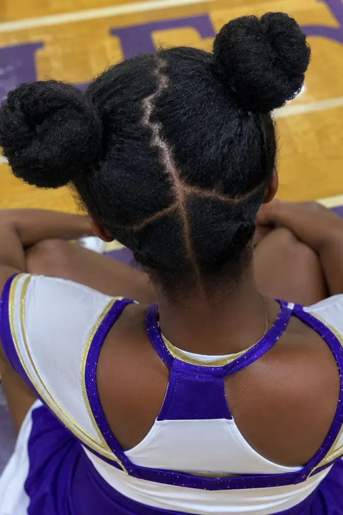 High-angle overhead photo of a teenage cheerleader seated on a gymnasium floor, wearing a purple and white uniform