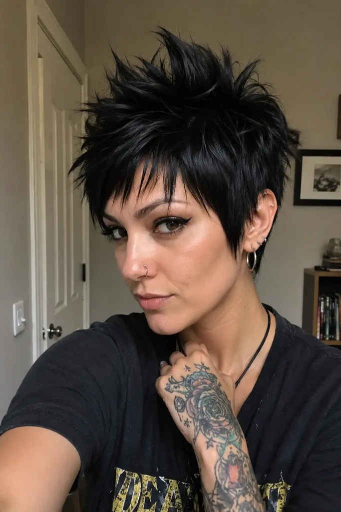 a real young woman with a spiky black pixie haircut featuring textured crown spikes and edgy punk-inspired styling