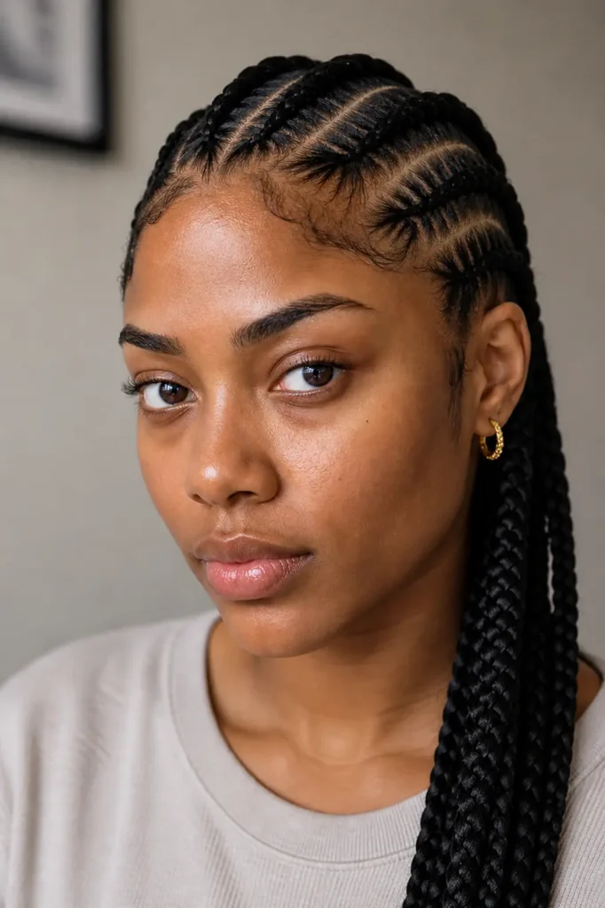 Close-up headshot of a young Black woman with stitch braids and sharp, clean parts, wearing a neutral top in a softly lit indoor setting