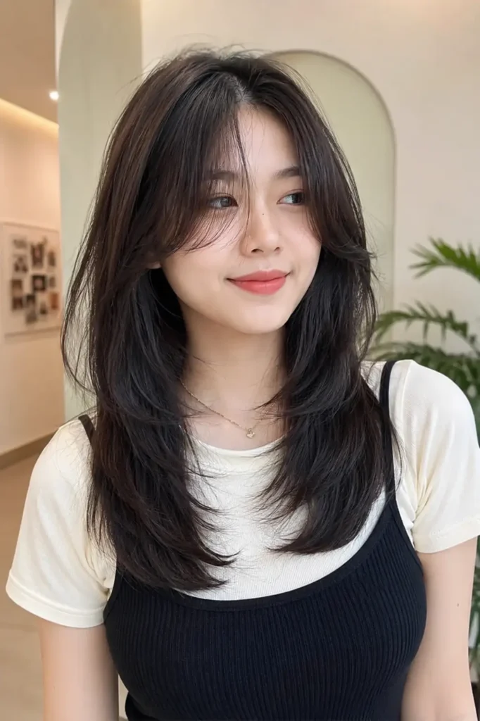 a real young woman with a straight hair wolf cut hairstyle featuring sleek feathered layers and soft curtain bangs. H