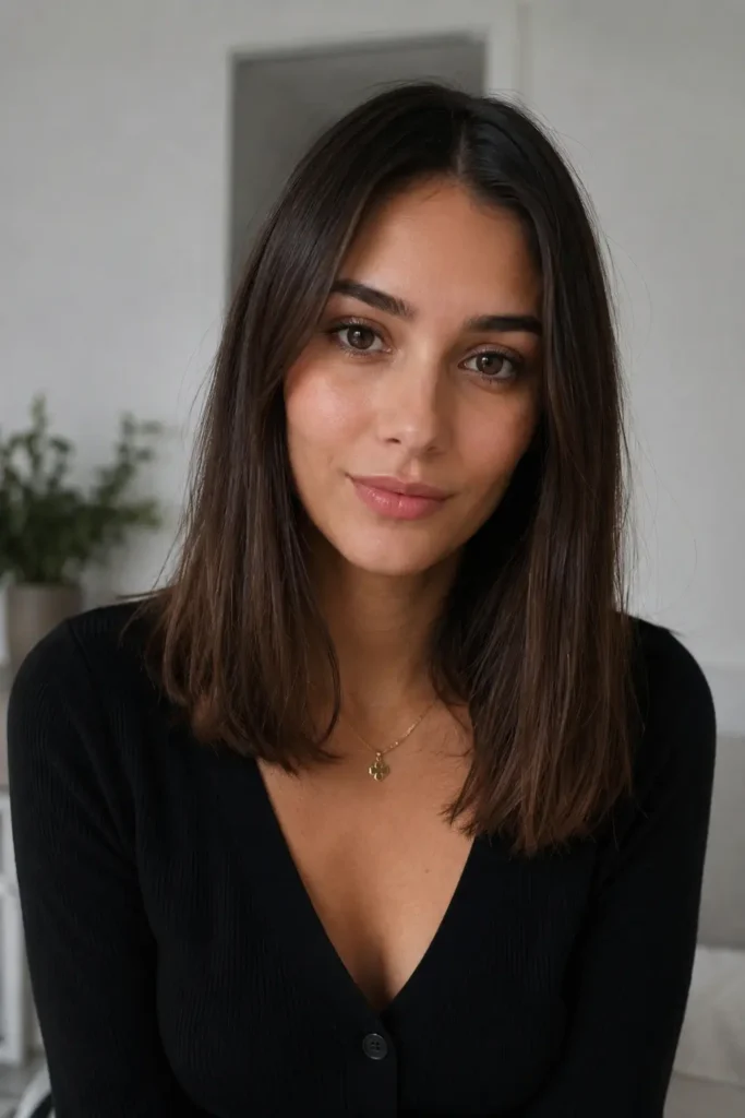Young woman with straight medium-length dark hair parted in the middle, wearing a simple black outfit and minimal makeup, posed indoors in soft natural light with a calm expression