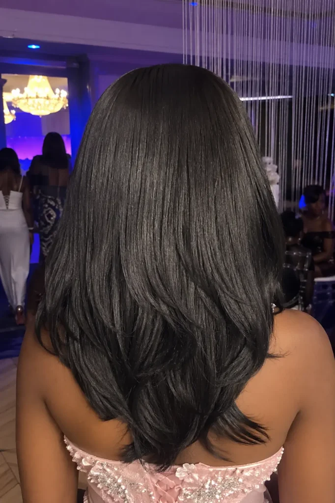 Back view close-up of a Black teenage girl at prom showcasing a sleek silk press layered hairstyle, with smooth, shiny layers flowing down her back, wearing an elegant gown in a softly lit ballroom setting.