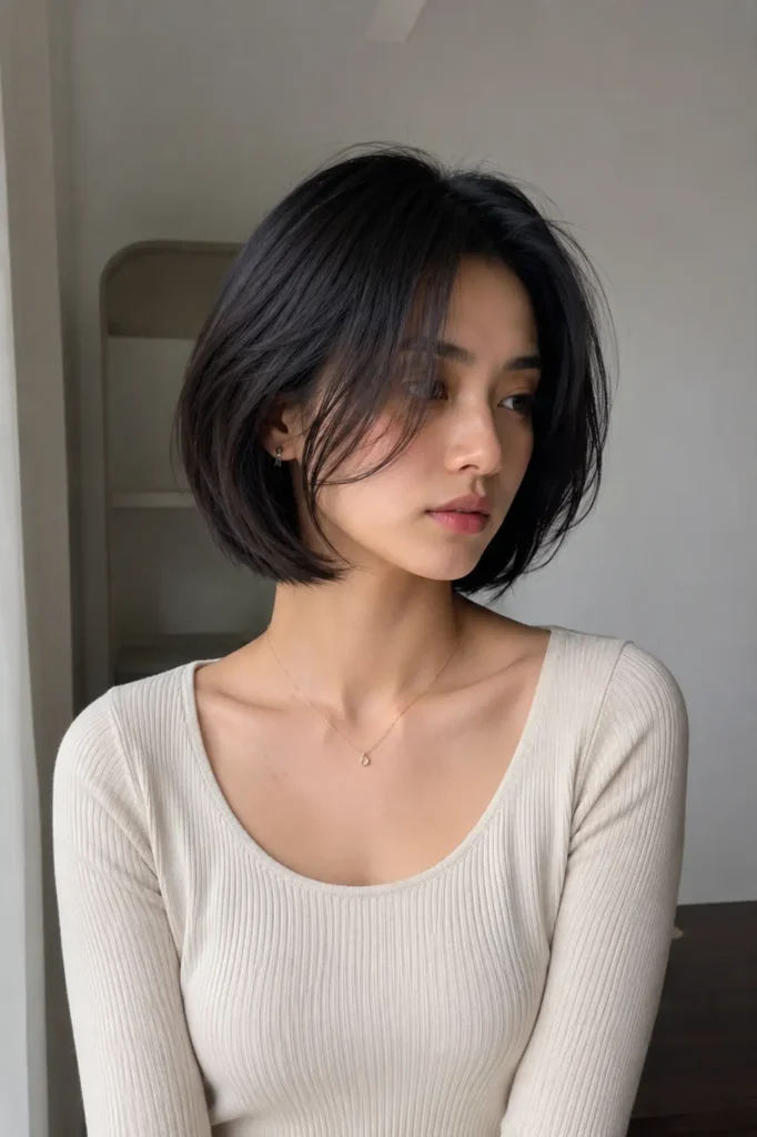 woman with a subtle layered minimal bob hairstyle, featuring sleek dark hair with soft natural movement and refined barely-there layers