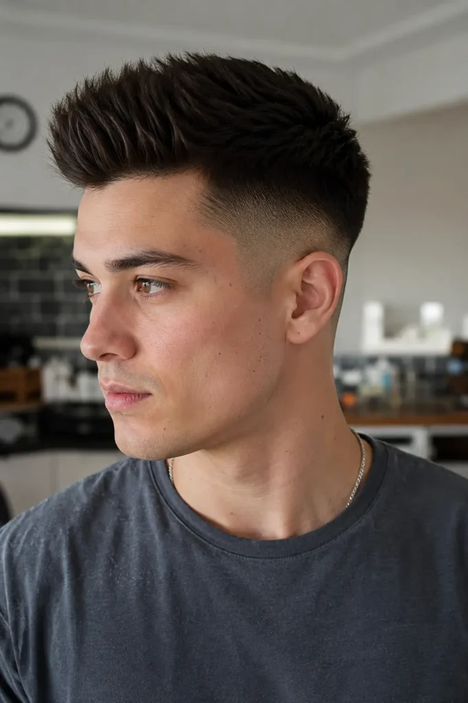 a young man with a taper fade and brush up hairstyle, featuring lifted textured hair on top, clean fade transitions