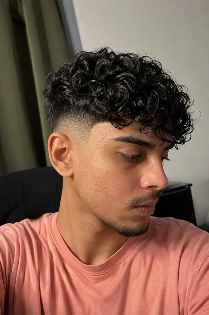 a young man in a peach shirt with a taper fade and curly fringe haircut, featuring natural facial features,