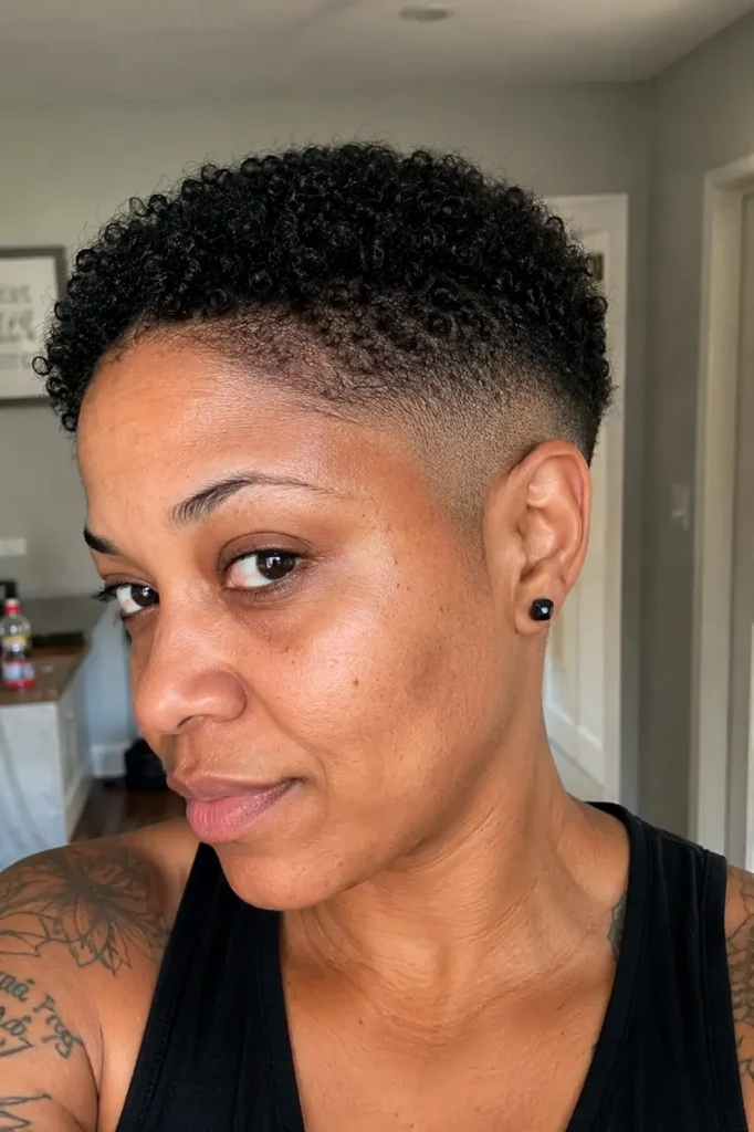 Black woman aged around 25–35 with a textured tapered bald fade hairstyle, featuring defined curl texture on top and a smooth fade transition on the sides.