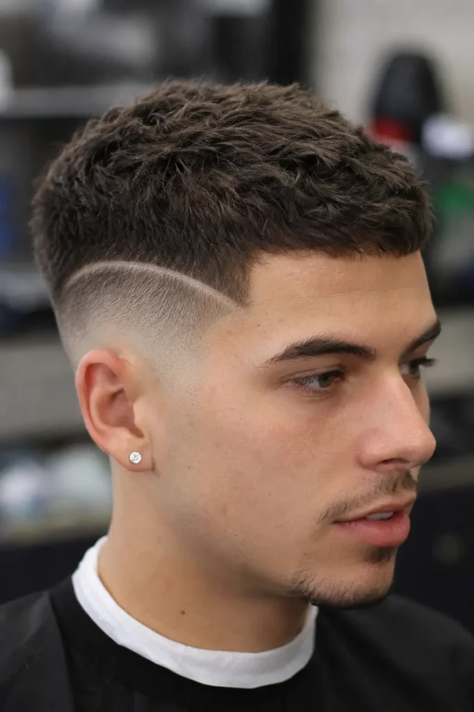 a young man with a textured crop fade haircut and a sharp shaved line design