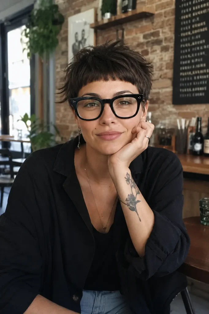 A woman in her mid-30s with a textured brunette pixie cut and short blunt fringe sits in a cozy urban café, resting her chin on her hand. She wears bold thick black rectangular glasses and a relaxed black artsy outfit.