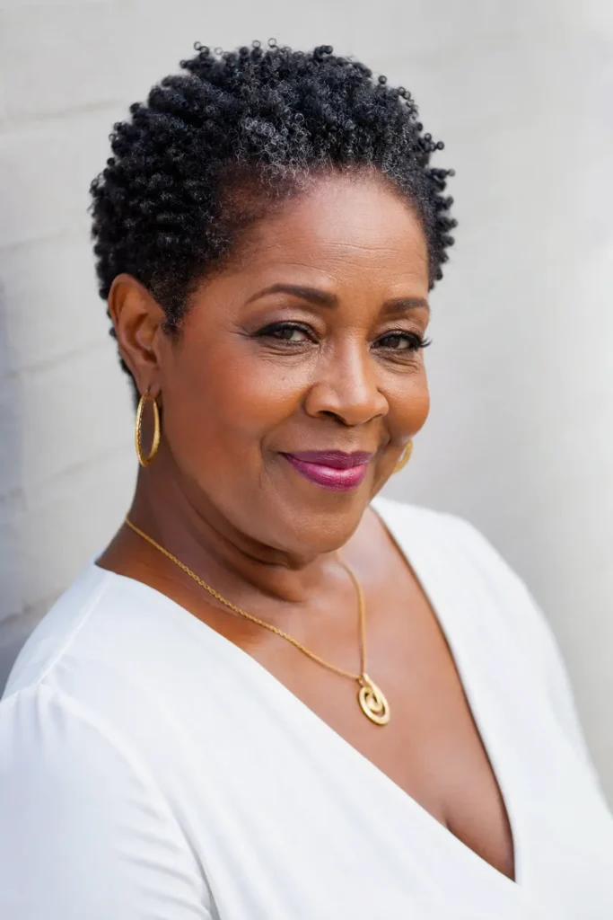 A confident Black woman in her late 50s or early 60s with a short natural Afro-textured pixie TWA hairstyle featuring defined coils and subtle silver strands smiles warmly at the camera. She has glowing dark skin, gold hoop earrings, and a gold necklace