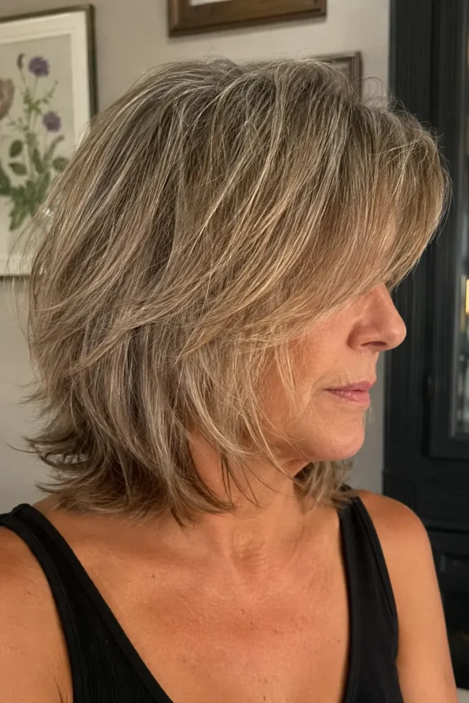 a realistic woman around 50–60 years old with a textured layered bob haircut and feathered ends, showing natural facial features and authentic skin texture