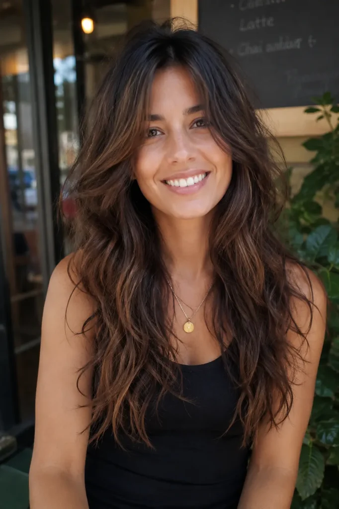 woman in her late 20s with textured layered hair and tousled waves, smiling naturally outdoors at a cozy café. Her soft, messy layers add movement and volume, while warm natural lighting highlights