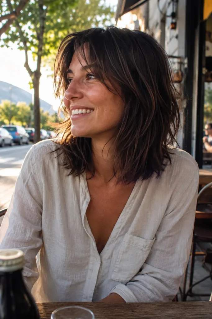 woman in her late 20s with a textured layered lob haircut and wispy fine ends, sitting at an outdoor café table during golden hour,
