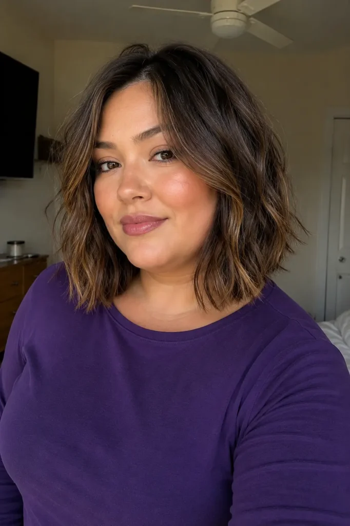 Plus-size woman with a textured lob haircut just above the shoulders, soft tousled waves, and subtle caramel highlights, wearing a modest purple long-sleeve shirt
