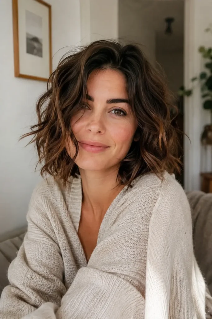 a young woman with thick, shoulder-length wavy lob haircut, softly smiling while sitting indoors in a cozy home setting. She wears a neutral knit cardigan