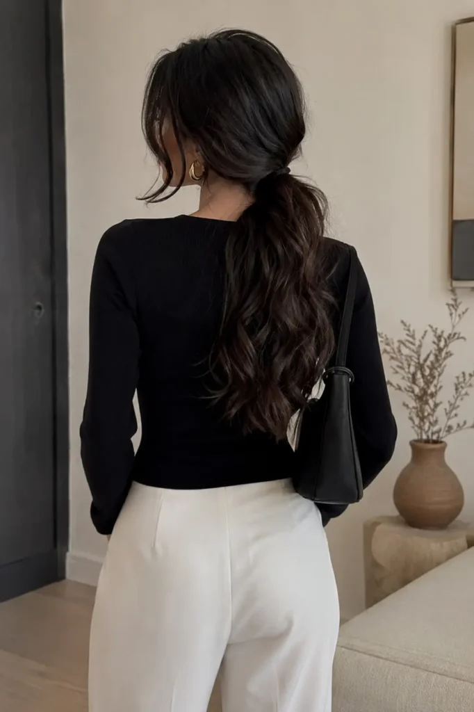 Back view of a real girl with a textured low ponytail and soft side part, wearing an elegant black top and cream pants in a softly lit indoor setting
