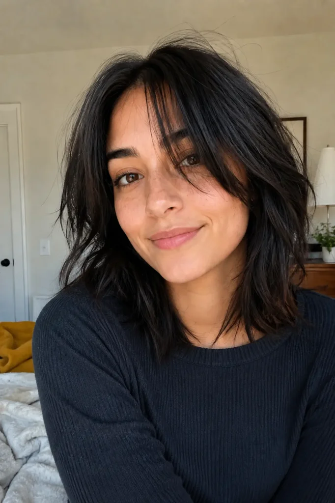 girl with a balanced face shape and mid-length textured haircut, sitting indoors in soft natural sunlight. Her dark layered hair has realistic shine and volume, with a relaxed candid smile and natural freckles visible. She wears a cozy dark sweater in a warm