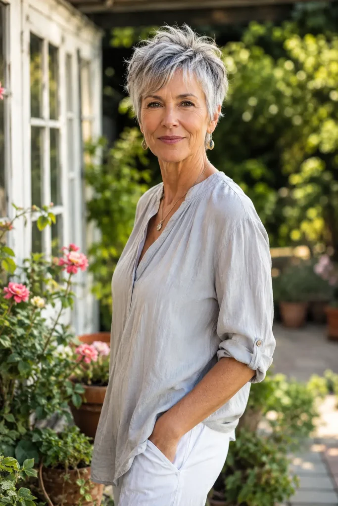 A confident woman in her late 50s with a textured silver-gray pixie haircut stands outdoors in a sunlit garden, wearing a casual elegant light gray outfit with soft natural afternoon lighting.