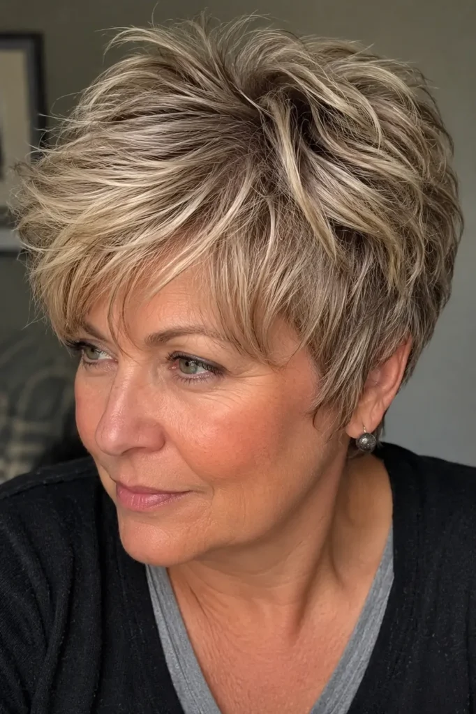 50–60-year-old woman with a textured pixie haircut featuring layered pieces and noticeable crown volume