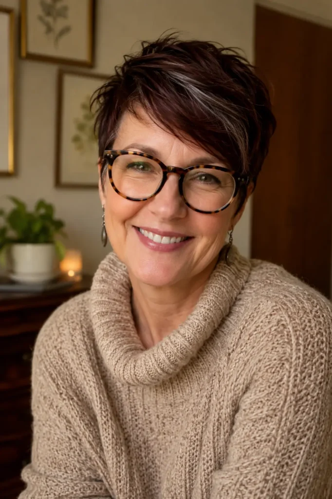 A smiling middle-aged woman with a textured dark auburn pixie cut streaked with natural gray faces the camera in a warmly lit indoor setting.