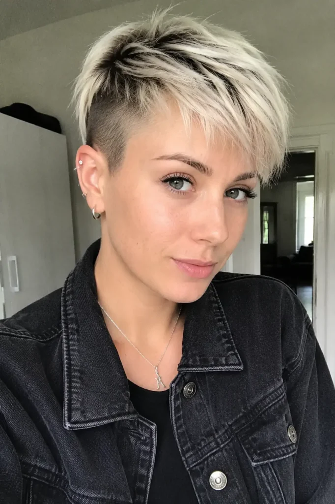 girl with a textured platinum pixie haircut featuring a dramatic undercut, icy blonde layers with dark roots, and a choppy voluminous crown
