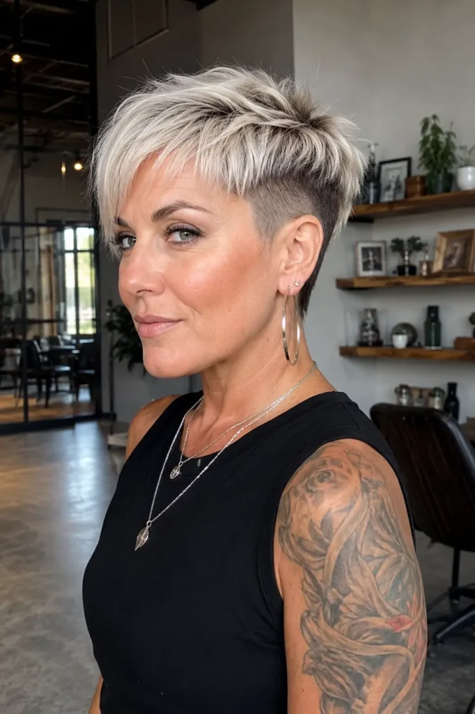 a confident woman with a textured platinum pixie haircut and dramatic undercut, featuring icy blonde tones with dark roots and a choppy layered crown
