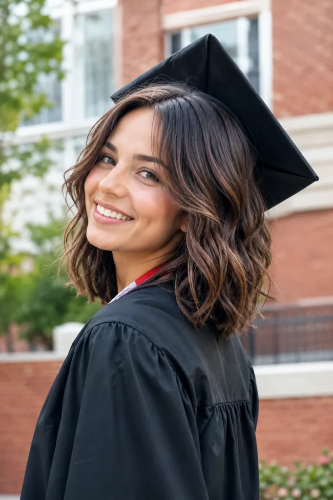 Textured shoulder-length lob graduation hairstyle on a real young woman in a graduation cap and gown, featuring soft waves and visible movement.