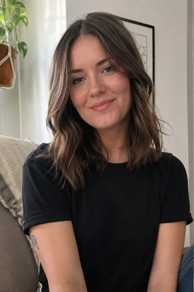  real girl with a square face shape and shoulder-length textured loose waves sitting indoors in soft daylight, featuring natural makeup, realistic hair shine and movement, and a candid lifestyle photography style.
