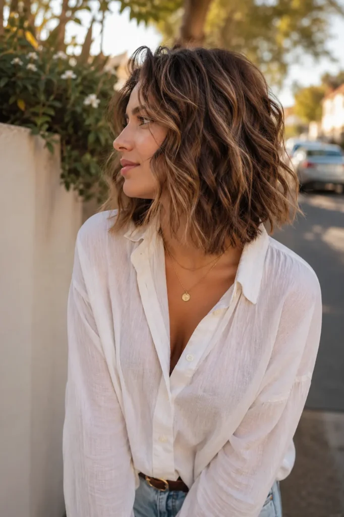 woman with a textured wavy layered bob hairstyle featuring soft beachy waves and tousled volume, warm caramel brown hair with natural movement