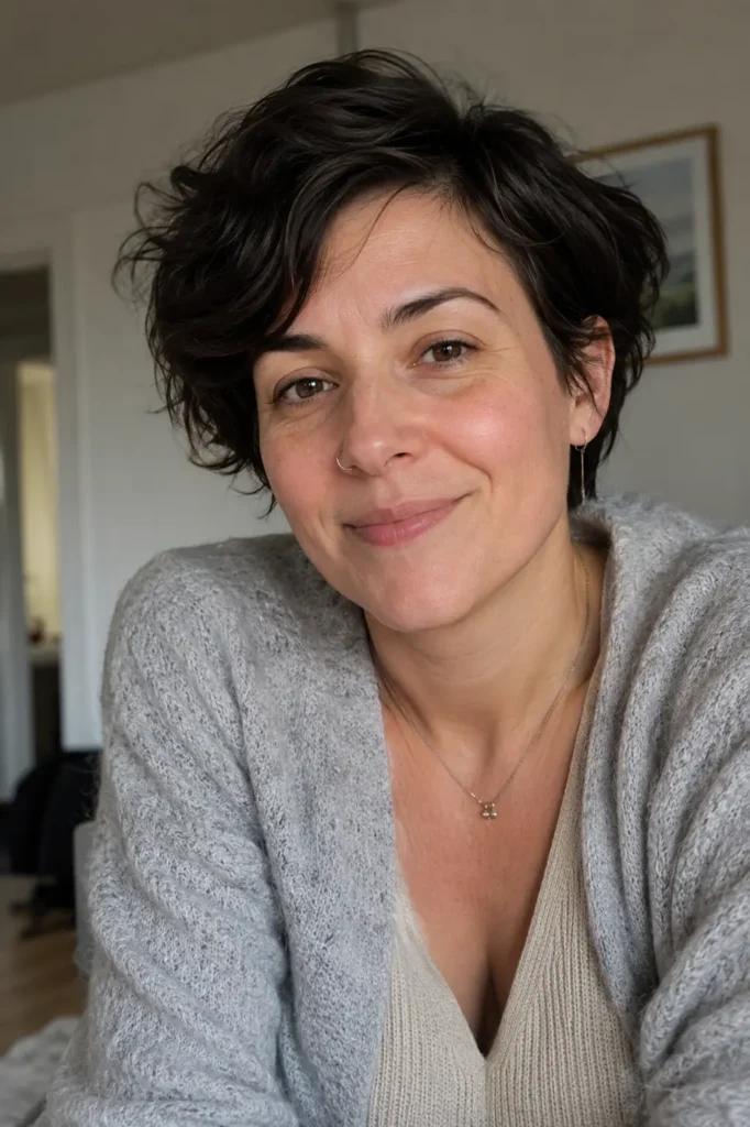 real woman with a textured thick wavy pixie cut sits indoors in soft natural home lighting, wearing a cozy neutral-toned cardigan and knit top. Her short dark hair has realistic tousled waves and volume