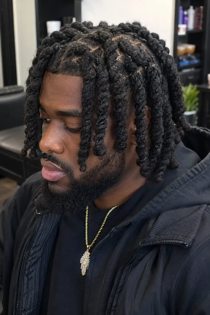 real African American man with thick barrel twist locs styled in neat, dense sections that frame his face. He has a full, well-groomed beard, natural facial features, and realistic skin texture. Dressed in black urban streetwear with a gold chain