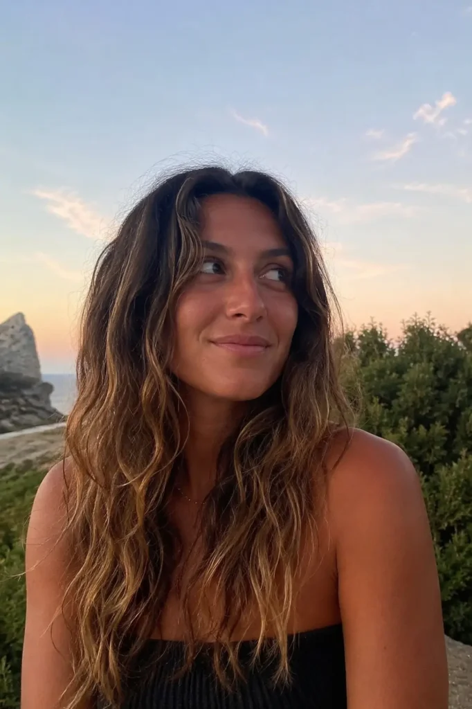 woman outdoors at sunset with thick natural beachy waves, warm tan skin, and a candid expression, wearing a simple black strapless top