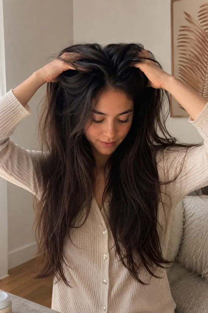 Young woman indoors in soft natural light, gently holding her thick dark hair at the scalp with both hands while looking downward. She wears a light beige cardigan